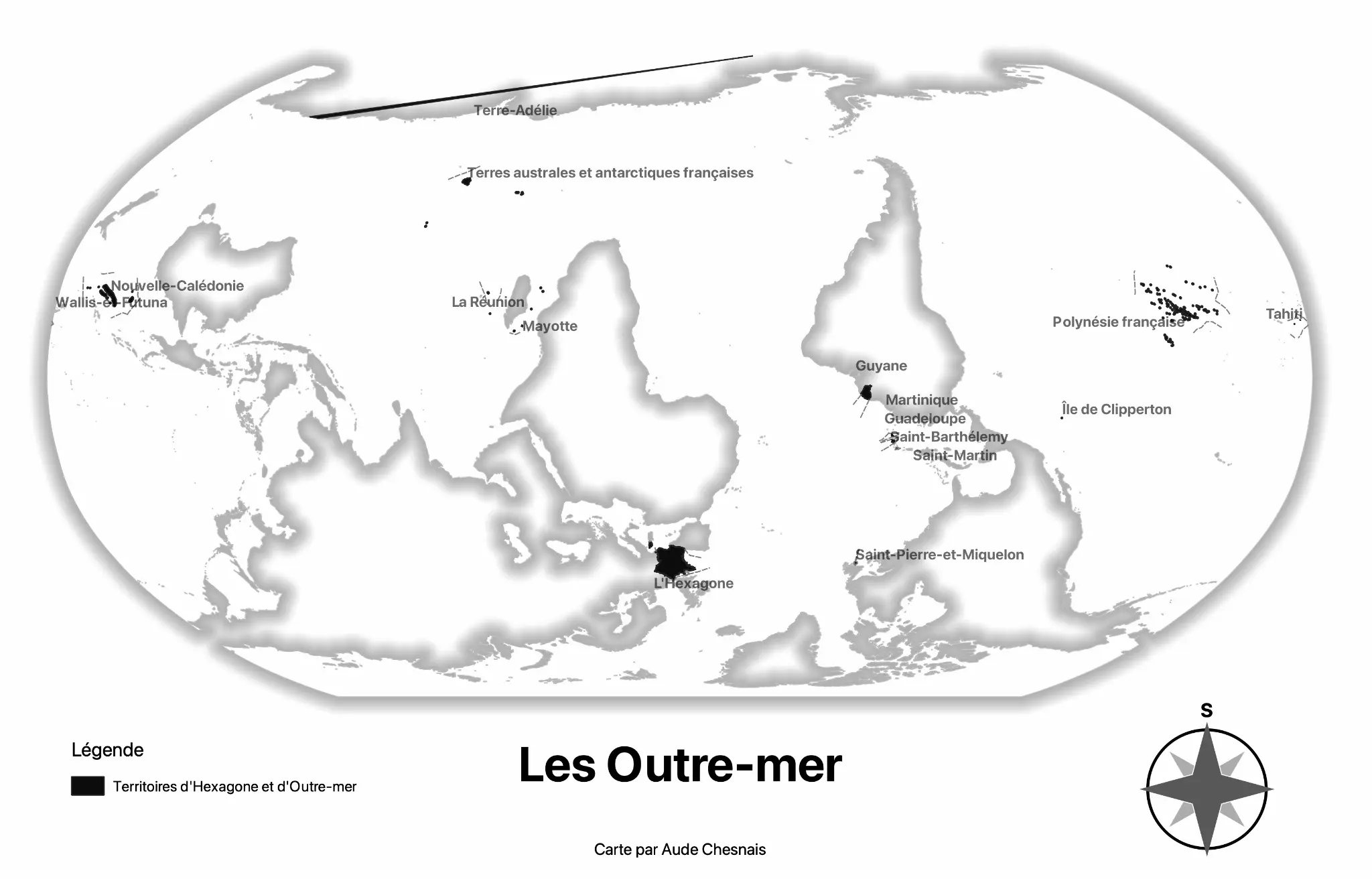Map of the French overseas territories, produced by Aude Chesnais in 2021.
